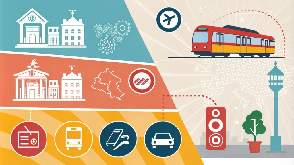 Almanya’da Toplu Taşıma’daki ulaşım ve şehir altyapısını gösteren, tren, havaalanı, binalar, vitesler, sokak haritası ve radyo, otobüs, otopark ve araba ikonlarını içeren illüstrasyon.