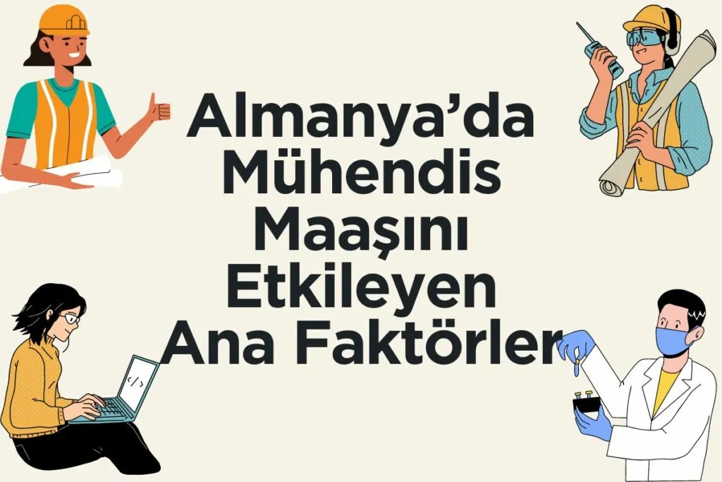 Çeşitli mühendisleri ve bir bilim adamını gösteren illüstrasyon: biri dizüstü bilgisayar kullanıyor, diğeri planları var ve biri kimyasal deney yapıyor; 2024 için Almanya’da mühendislik maaşlarını etkileyen faktörlerle ilgili metin.