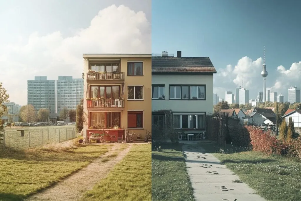 İki kentsel konut alanını karşılaştıran bölünmüş ekranlı görüntü: Solda Almanya’ya özgü güneşli bir apartman binası manzarası, sağda ise bulutlu bir gökyüzü altında farklı bir apartman binası görülüyor.