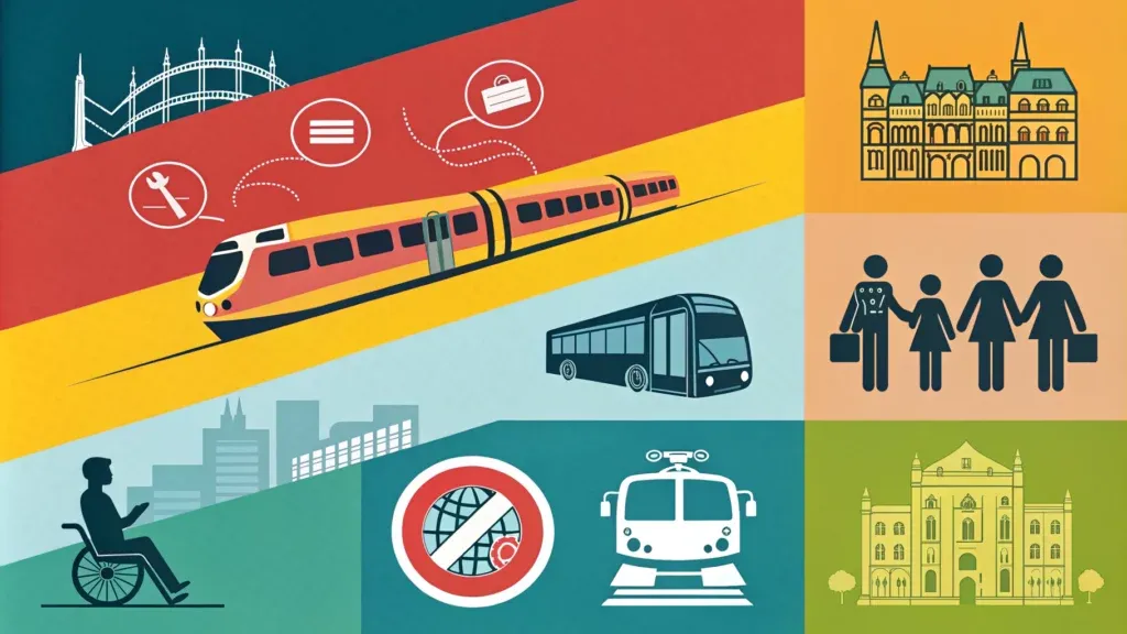 Ulaşım modlarını ve ilgili kavramları tasvir eden infografik: tren, otobüs, tramvay, aile, iş, erişilebilirlik ve çeşitli binalar. Kapsamlı kentsel bağlantı için Şehiriçi Ulaşım ve Toplu Taşıma’yı vurgulayarak hareketlilik ve altyapı temalarını gösterir.
