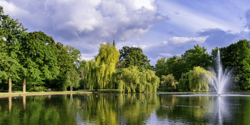Niedersachsen'de parçalı bulutlu bir gökyüzünün altında, yansıtıcı bir göletin üzerinde çeşme ve kuşların bulunduğu yemyeşil park.