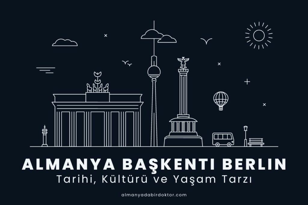 Türkçe "Almanya Başkenti Berlin: Tarihi, Kültürü ve Yaşam Tarzı" metni. Berlin'in simge yapılarının illüstrasyonu.