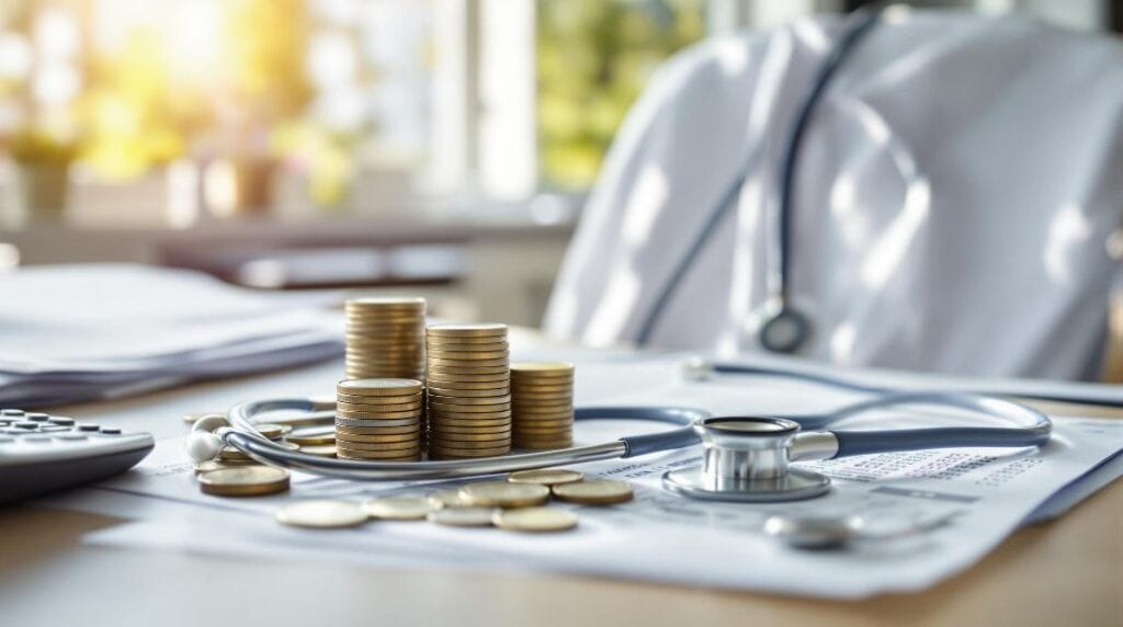 Bir masanın üzerinde stetoskop, belgeler ve bulanık bir arka planla birlikte duran madeni para yığınları, finans ve sağlık hizmetleri arasında bir bağlantı olduğunu düşündürüyor. Bu sahne, Almanya gibi yerlerde karmaşık Vergi Sistemi'nde gezinen doktorlar için önemli olan konuları incelikle vurguluyor.