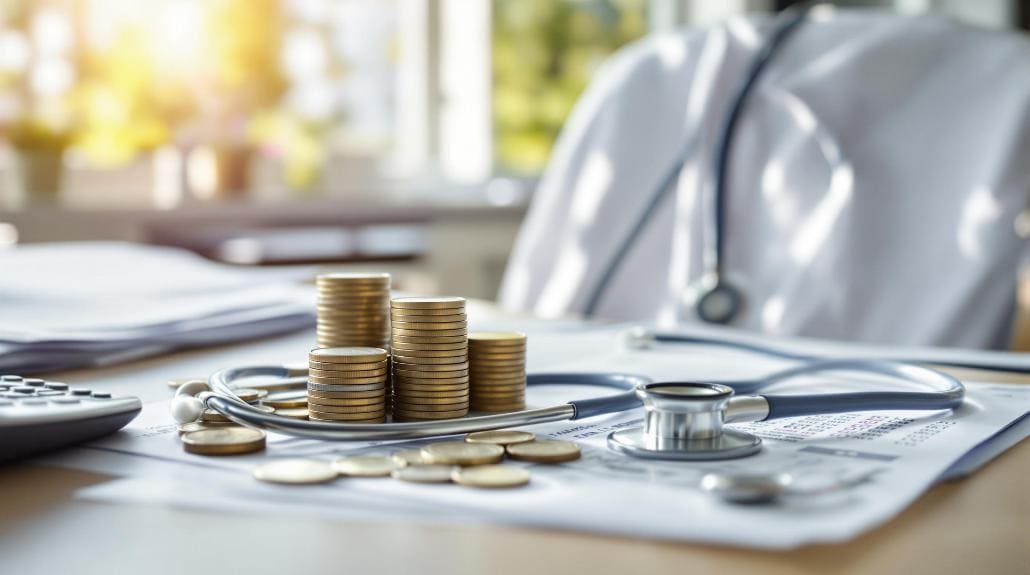 Bir masanın üzerinde stetoskop, belgeler ve bulanık bir arka planla birlikte duran madeni para yığınları, finans ve sağlık hizmetleri arasında bir bağlantı olduğunu düşündürüyor. Bu sahne, Almanya gibi yerlerde karmaşık Vergi Sistemi'nde gezinen doktorlar için önemli olan konuları incelikle vurguluyor.