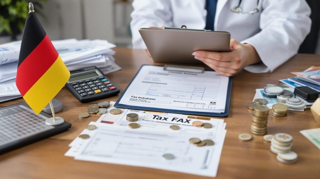 Bir kişi, Alman bayrağı, madeni paralar ve "Vergi FAX" etiketli bir form da dahil olmak üzere formlarla süslenmiş bir masada finansal belgeleri inceliyor ve Almanya vergi sisteminin karmaşıklıklarını vurguluyor. Bu ayrıntılı vergi manzarasında gezinmeye yardımcı olmak için yakınlarda bir hesap makinesi duruyor.