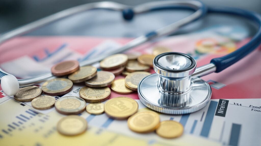 Finansal belgelerin üzerinde duran madeni paralar ve stetoskop, tıpkı Almanya'nın Vergi Sistemi içinde doktorların içinde bulunduğu karmaşık ilişki gibi, sağlık hizmeti ile finansın kesiştiği noktayı sembolize ediyor.