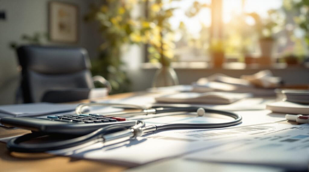 Pencerenin önünde duran, stetoskop, hesap makinesi ve evrakların bulunduğu masa, doktorların Almanya'nın vergi sistemindeki titiz davranışlarını yansıtıyor.