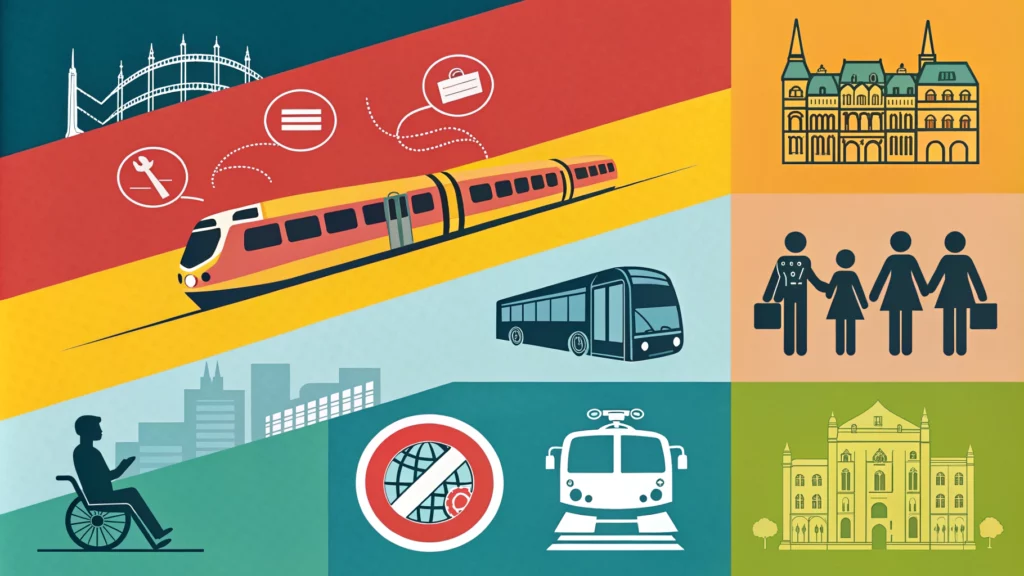 Ulaşım modlarını ve ilgili kavramları tasvir eden infografik: tren, otobüs, tramvay, aile, iş, erişilebilirlik ve çeşitli binalar. Kapsamlı kentsel bağlantı için Şehiriçi Ulaşım ve Toplu Taşıma'yı vurgulayarak hareketlilik ve altyapı temalarını gösterir.